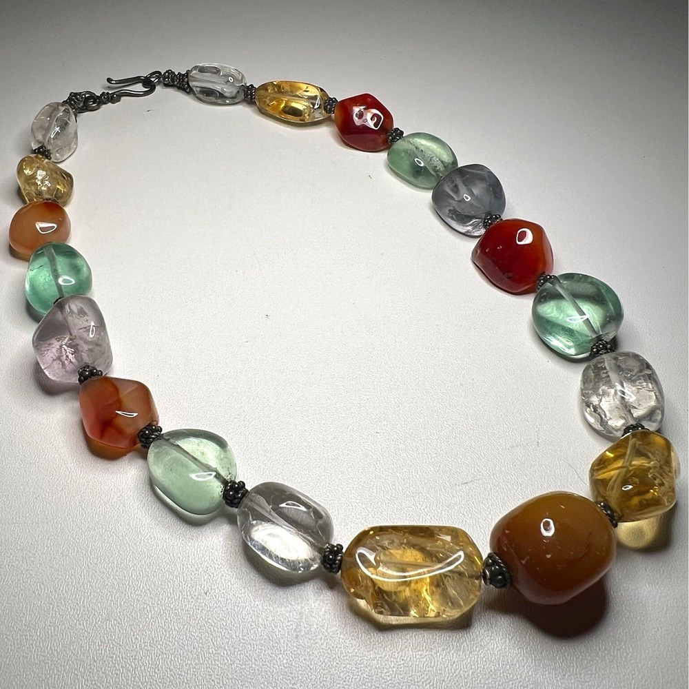 Bohemian Multicolor Acrylic Pebble Beaded Necklace Lobster Clasp Y2K Approx. 18"